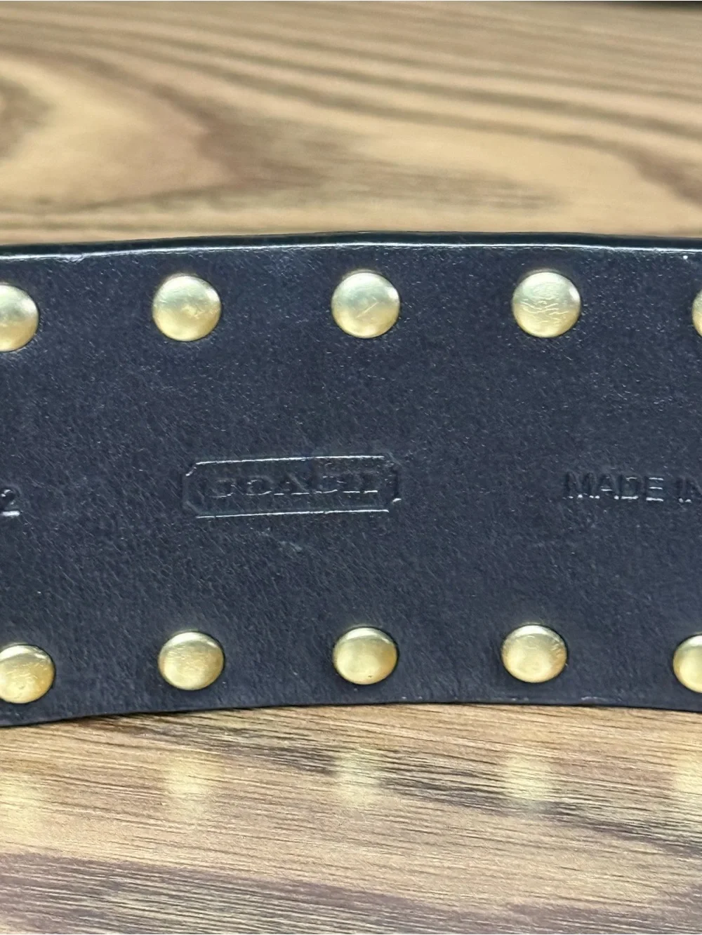 Coach Studded Black Leather Belt Brass Buckle Gold Tone Studs Size Sm 30-34”